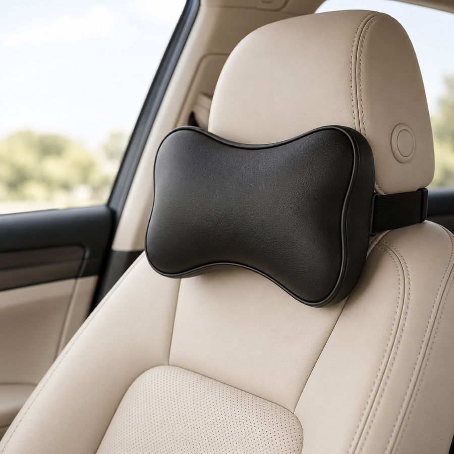 Lumora memory foam neck pillow mounted on a car headrest, black