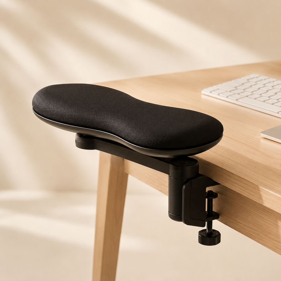 Lumora ergonomic wrist rest clamped to a light-wood desk